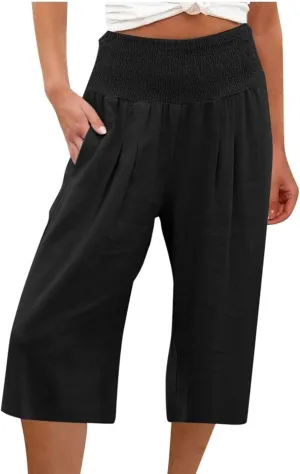 Womens Cotton Linen Wide Leg Cropped Pants Elastic Waist Casual Capris Trousers with Pockets Loose Fit Yoga Pants