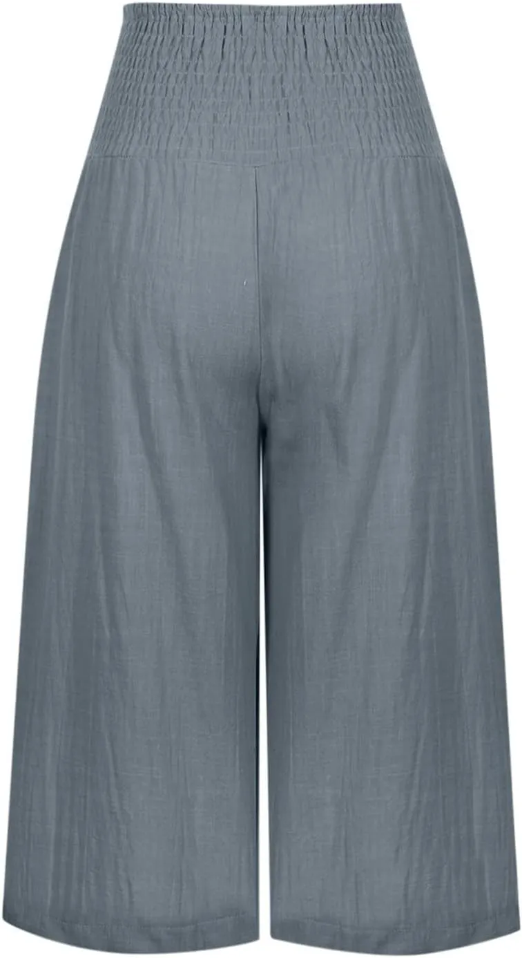 Womens Cotton Linen Wide Leg Cropped Pants Elastic Waist Casual Capris Trousers with Pockets Loose Fit Yoga Pants