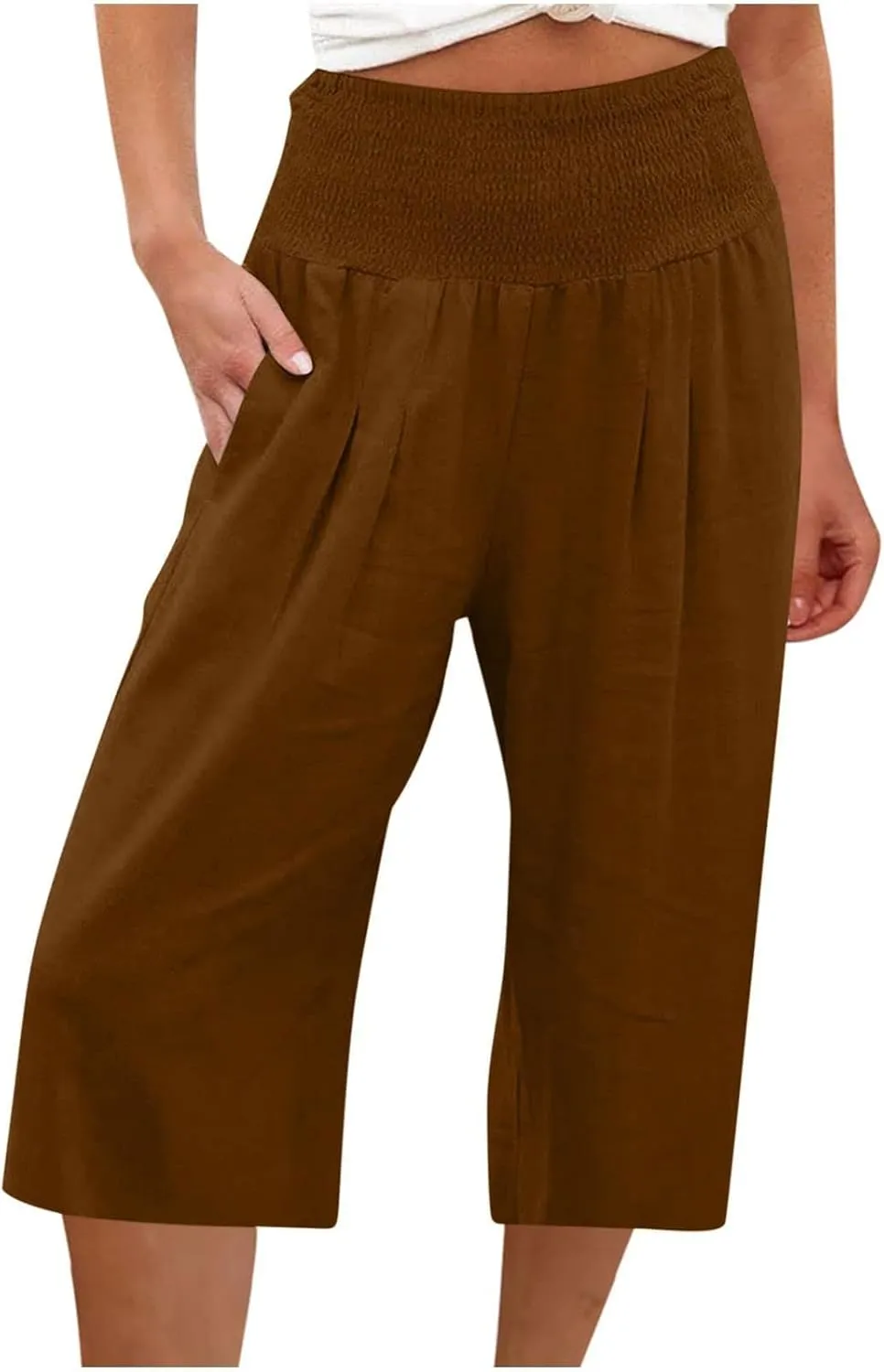 Womens Cotton Linen Wide Leg Cropped Pants Elastic Waist Casual Capris Trousers with Pockets Loose Fit Yoga Pants