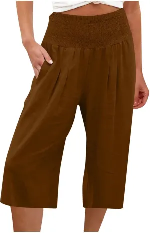 Womens Cotton Linen Wide Leg Cropped Pants Elastic Waist Casual Capris Trousers with Pockets Loose Fit Yoga Pants