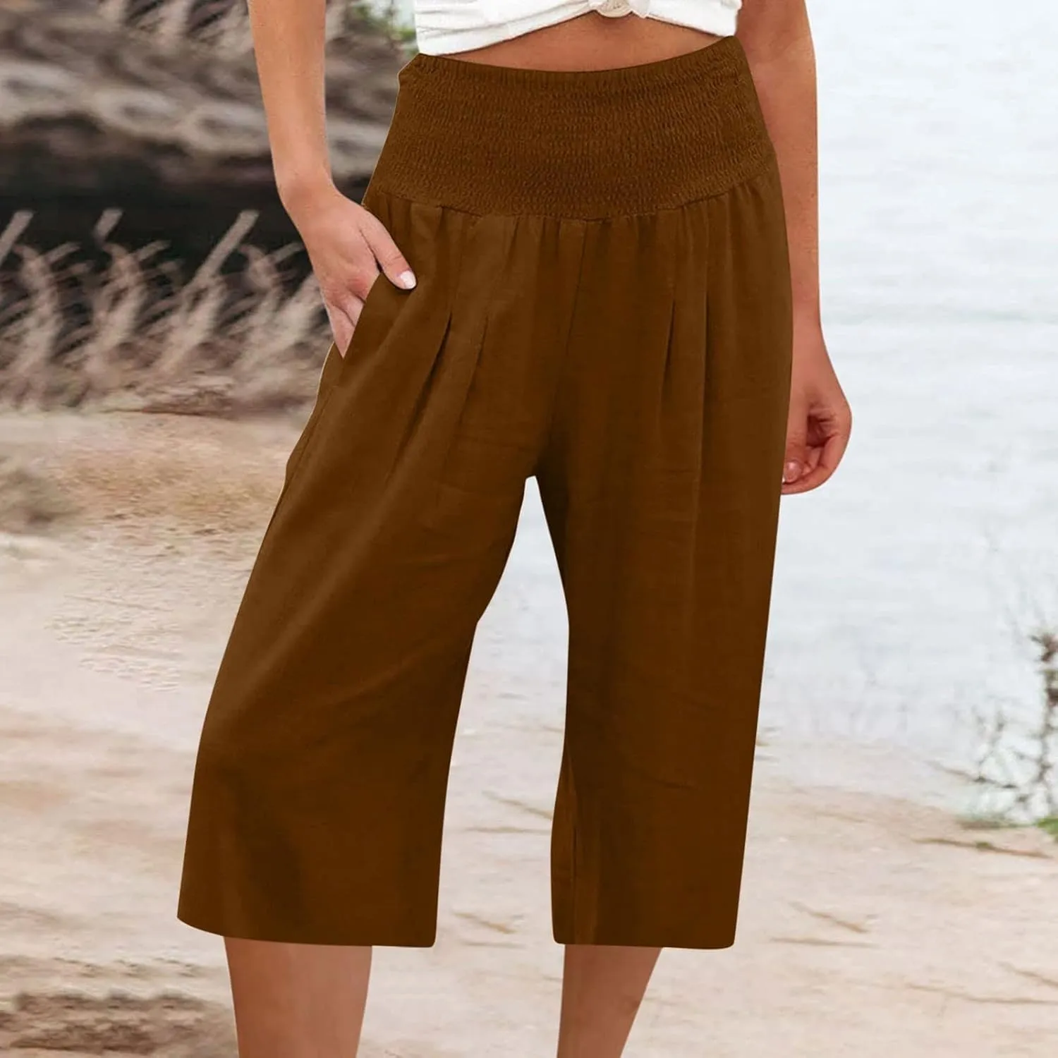 Womens Cotton Linen Wide Leg Cropped Pants Elastic Waist Casual Capris Trousers with Pockets Loose Fit Yoga Pants