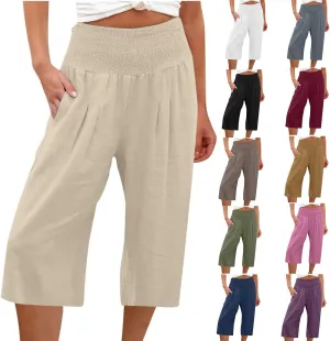 Womens Cotton Linen Wide Leg Cropped Pants Elastic Waist Casual Capris Trousers with Pockets Loose Fit Yoga Pants