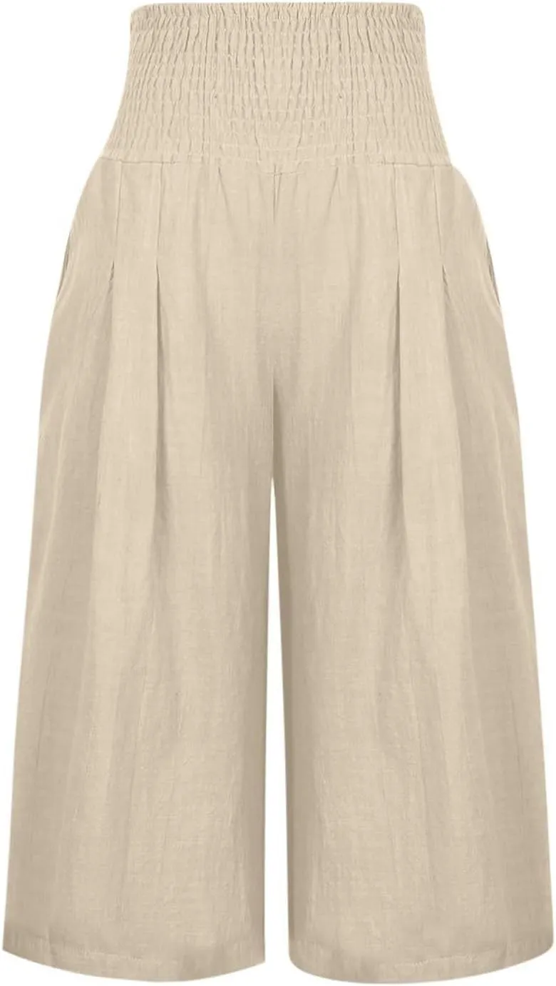Womens Cotton Linen Wide Leg Cropped Pants Elastic Waist Casual Capris Trousers with Pockets Loose Fit Yoga Pants