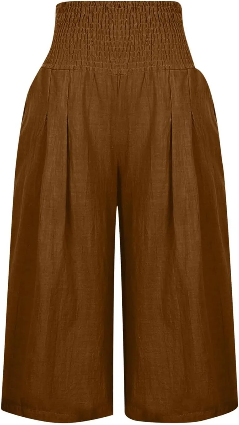 Womens Cotton Linen Wide Leg Cropped Pants Elastic Waist Casual Capris Trousers with Pockets Loose Fit Yoga Pants
