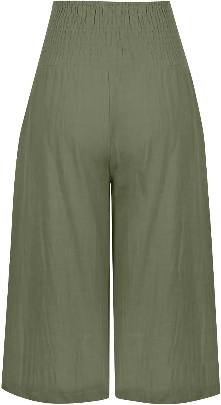 Womens Cotton Linen Wide Leg Cropped Pants Elastic Waist Casual Capris Trousers with Pockets Loose Fit Yoga Pants