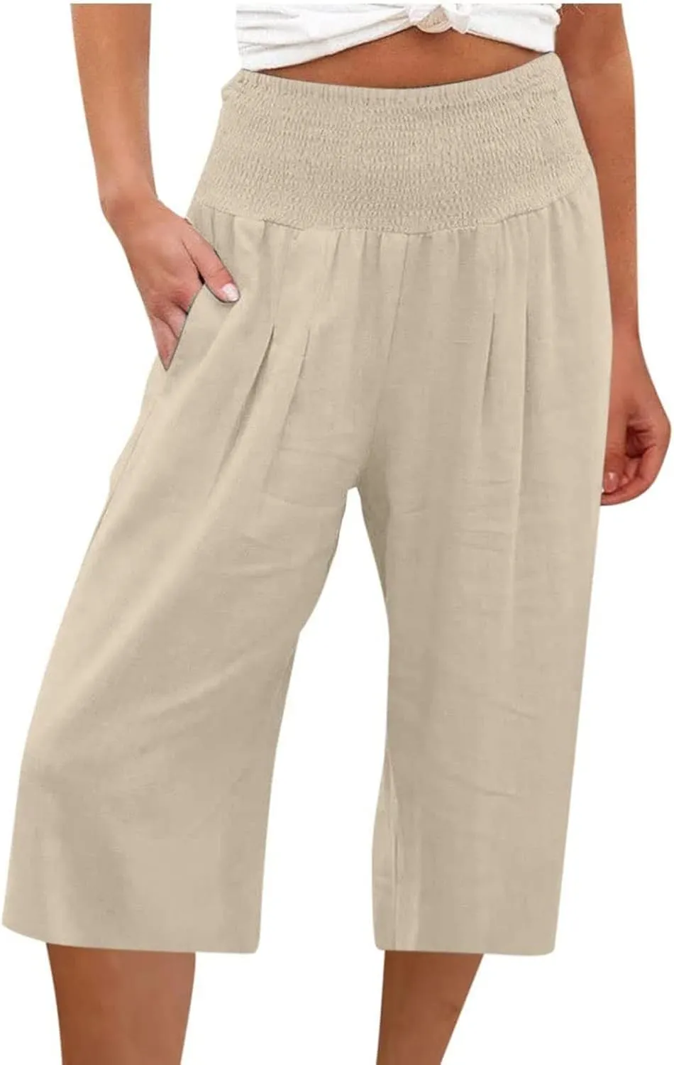 Womens Cotton Linen Wide Leg Cropped Pants Elastic Waist Casual Capris Trousers with Pockets Loose Fit Yoga Pants