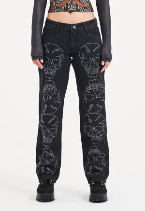 Womens Crystal Skull Straight Leg Denim Trousers Jeans - Black