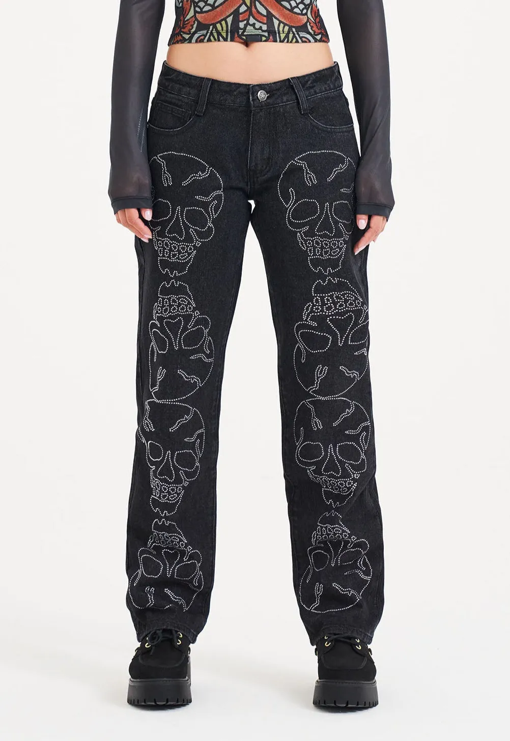 Womens Crystal Skull Straight Leg Denim Trousers Jeans - Black