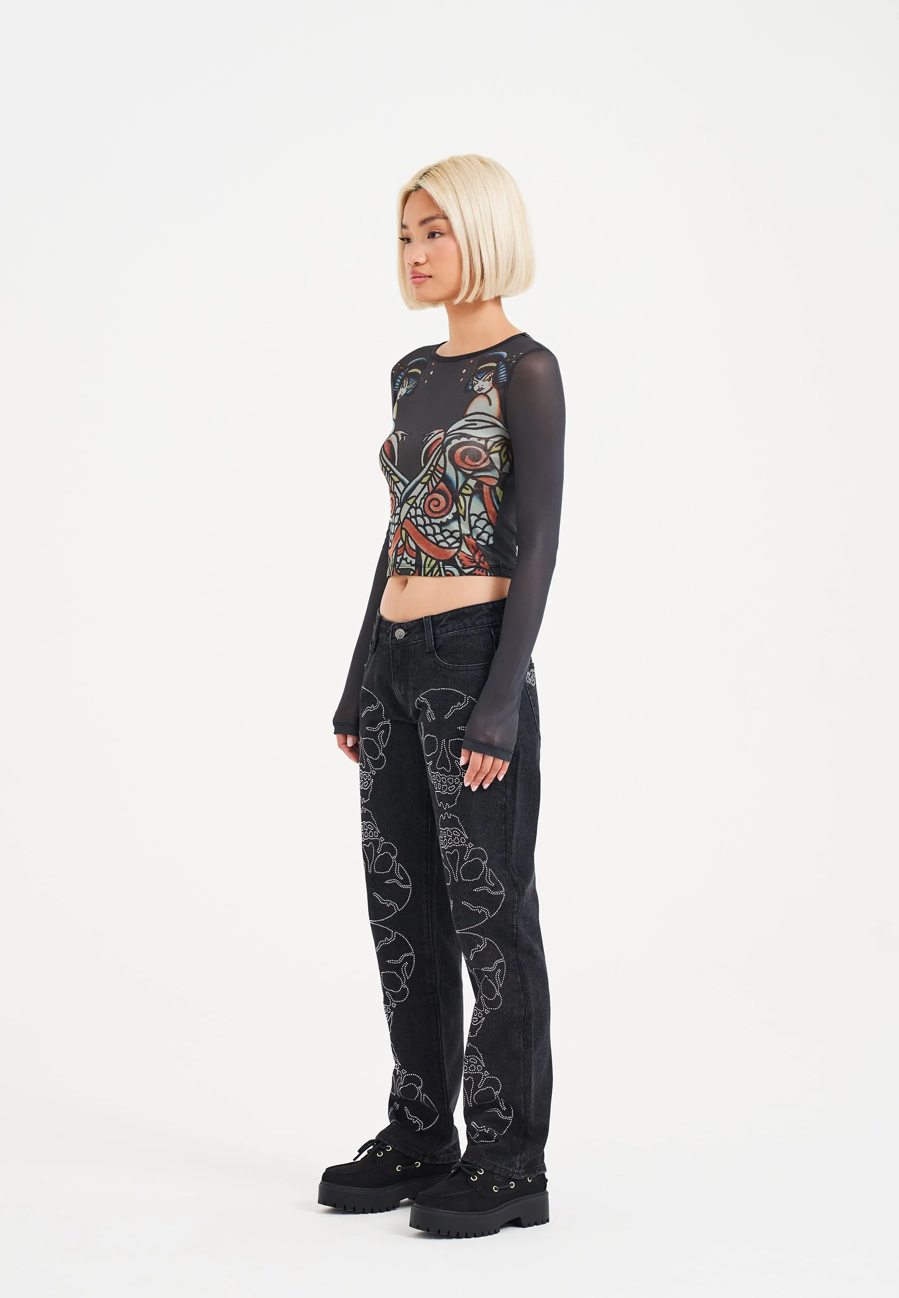 Womens Crystal Skull Straight Leg Denim Trousers Jeans - Black