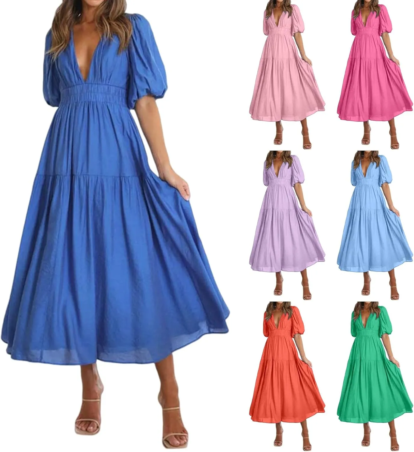 Womens Deep V Neck Dress Casual Elastic Waist Long Sleeve Dress Summer Trendy A-Line Tiered Flowy Midi Dresses