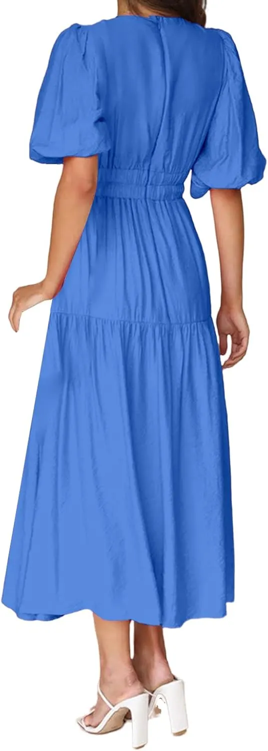 Womens Deep V Neck Dress Casual Elastic Waist Long Sleeve Dress Summer Trendy A-Line Tiered Flowy Midi Dresses
