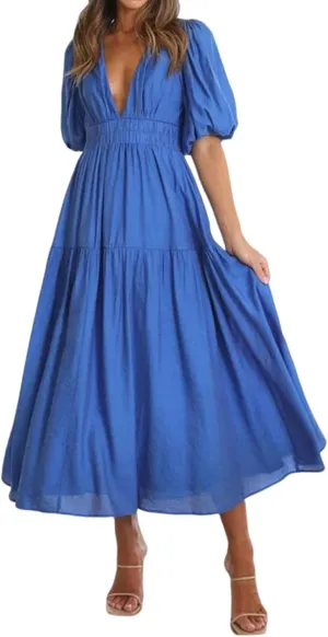 Womens Deep V Neck Dress Casual Elastic Waist Long Sleeve Dress Summer Trendy A-Line Tiered Flowy Midi Dresses