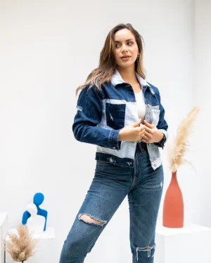 Women's Denim Patches Jacket - Stylish Embroidered Jean Coat - Trendy Casual Tops - Made in Egypt