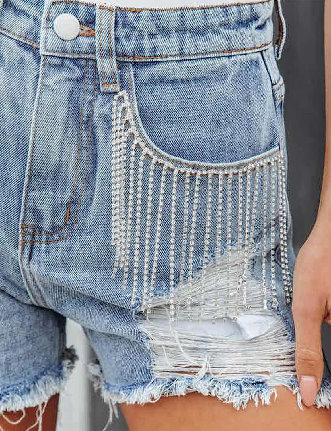 Women's Denim Shorts Summer High Waisted Stretch Rhinestone Tassel Denim Shorts