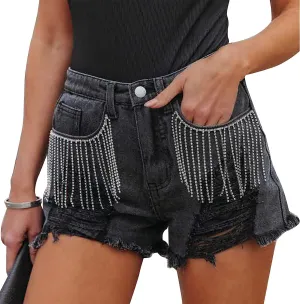 Women's Denim Shorts Summer High Waisted Stretch Rhinestone Tassel Denim Shorts