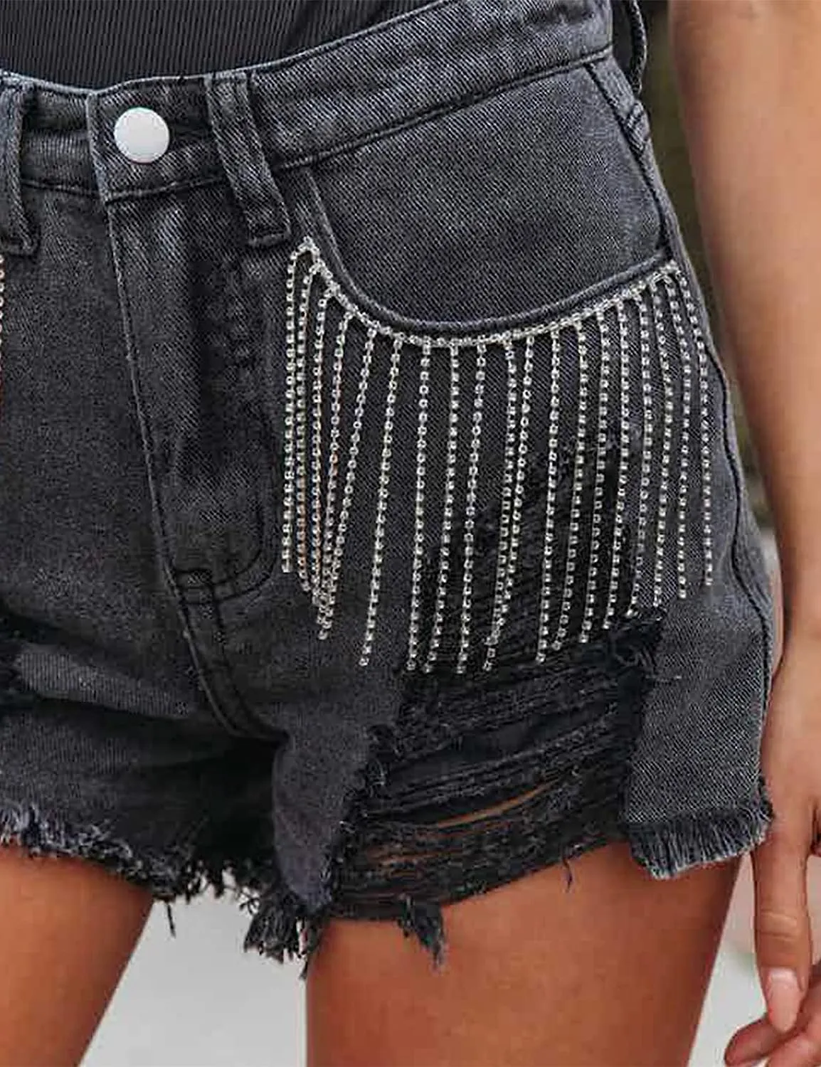 Women's Denim Shorts Summer High Waisted Stretch Rhinestone Tassel Denim Shorts