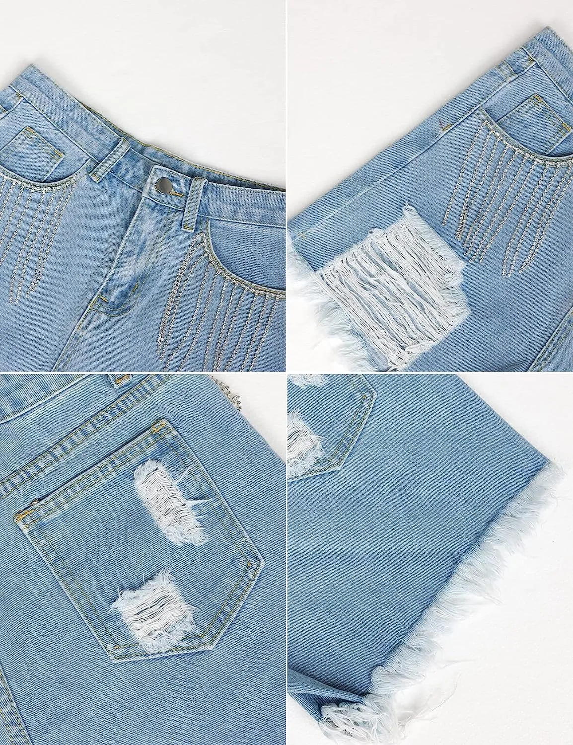 Women's Denim Shorts Summer High Waisted Stretch Rhinestone Tassel Denim Shorts