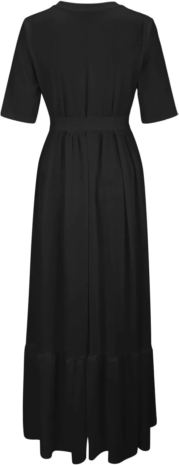 Women's Dresses Casual Summer Tiered Midi Dress Short Sleeve Belted Ruffle Babydoll Boho Sundress with Pockets