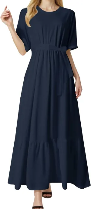 Women's Dresses Casual Summer Tiered Midi Dress Short Sleeve Belted Ruffle Babydoll Boho Sundress with Pockets