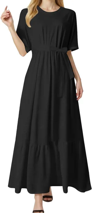 Women's Dresses Casual Summer Tiered Midi Dress Short Sleeve Belted Ruffle Babydoll Boho Sundress with Pockets