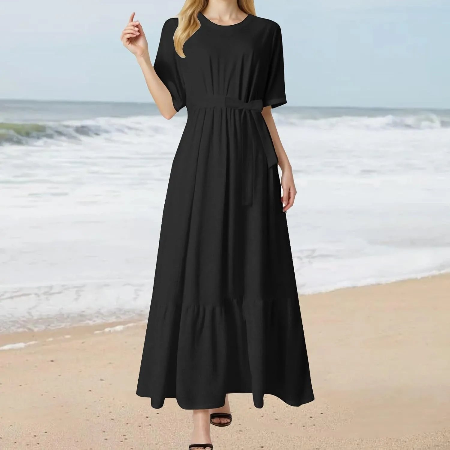 Women's Dresses Casual Summer Tiered Midi Dress Short Sleeve Belted Ruffle Babydoll Boho Sundress with Pockets