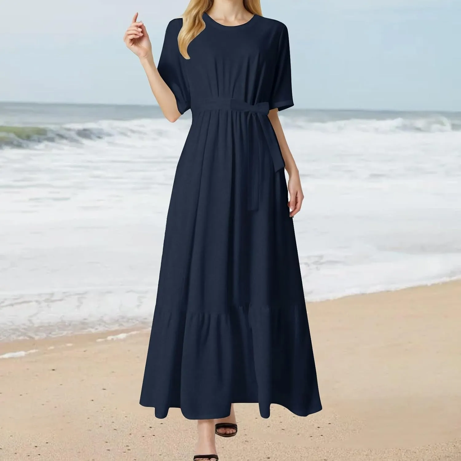 Women's Dresses Casual Summer Tiered Midi Dress Short Sleeve Belted Ruffle Babydoll Boho Sundress with Pockets