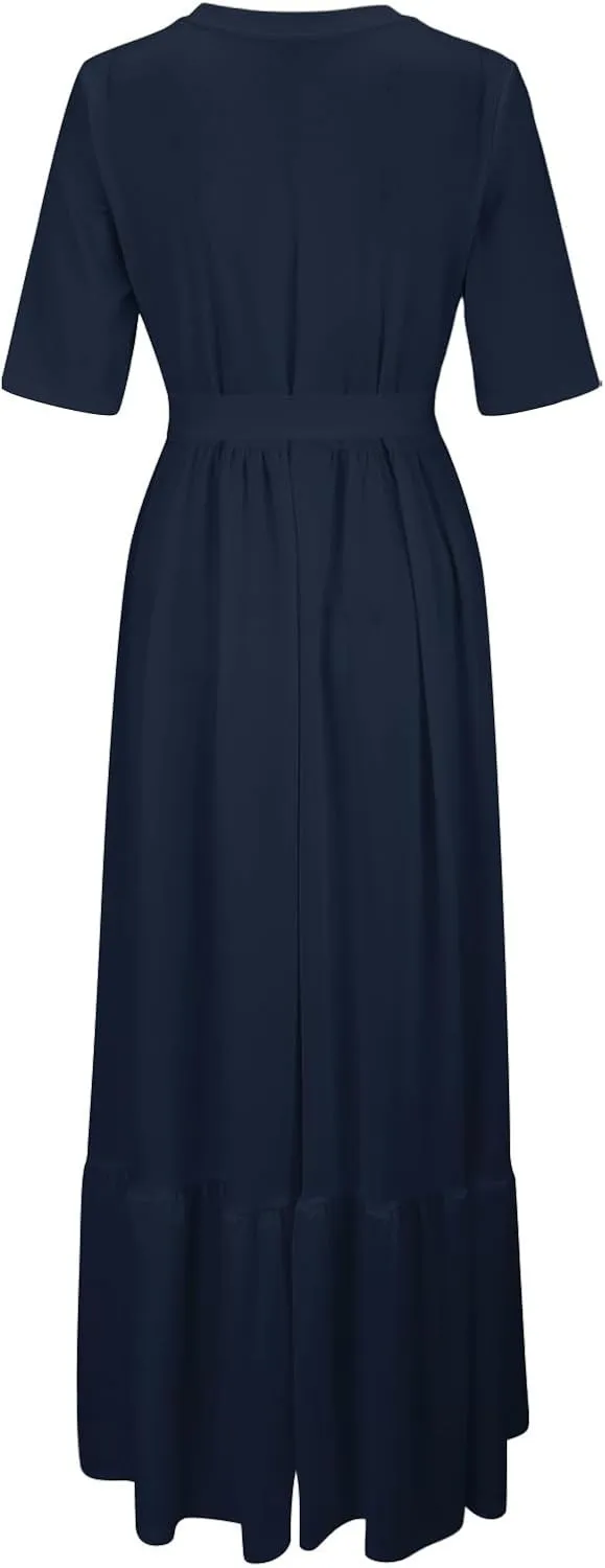 Women's Dresses Casual Summer Tiered Midi Dress Short Sleeve Belted Ruffle Babydoll Boho Sundress with Pockets