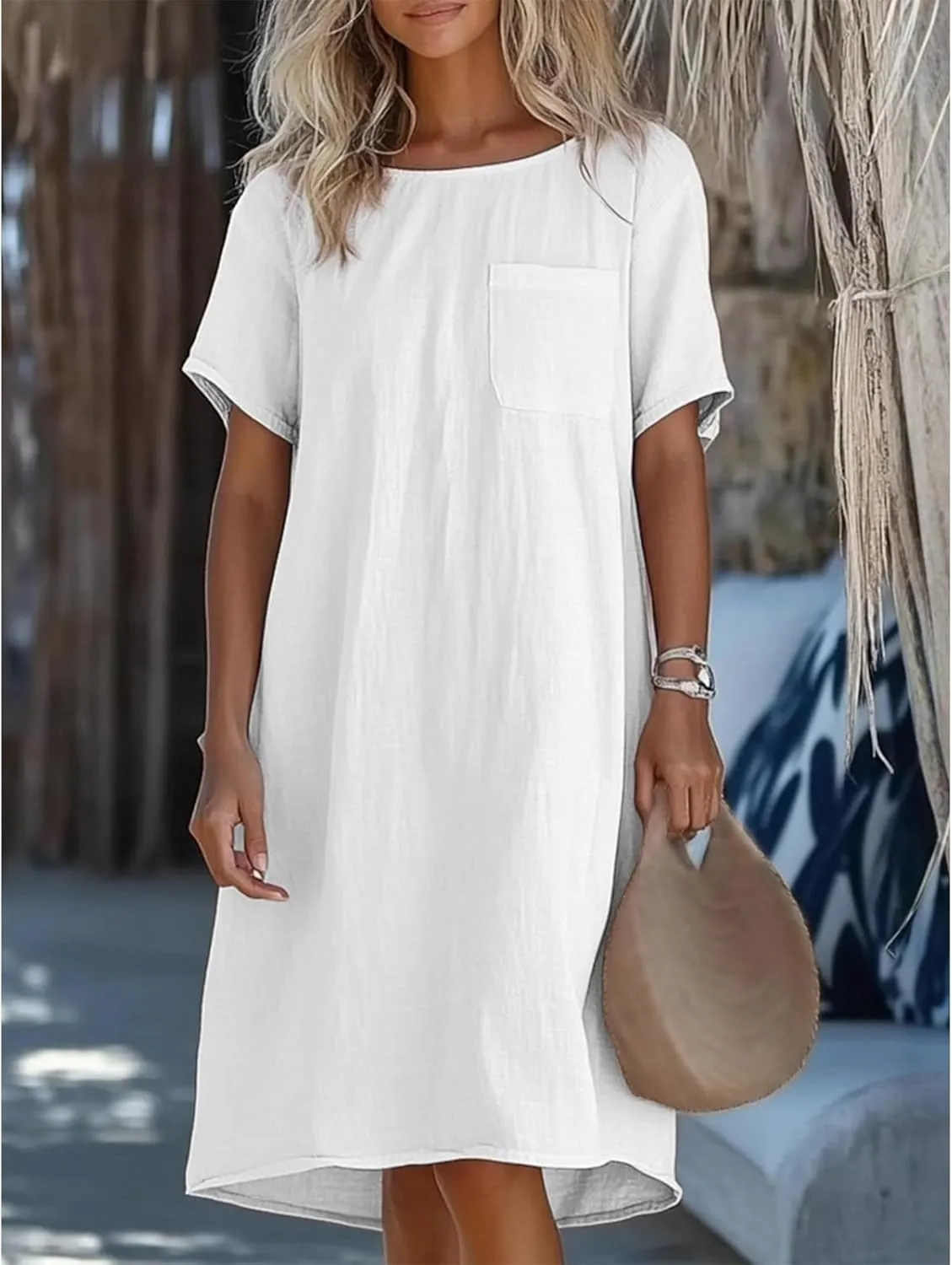 Women's Dresses Loose Fit Short Sleeve Crewneck Mini Dresses Plus Size Solid Color Dress Summer Sundress 2025