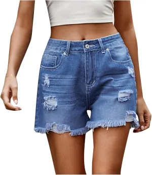 Women's Fashion Casual Ripped Denim Shorts High Waisted Denim Shorts Stretchy Frayed Raw Rolled Hem Jean Shorts