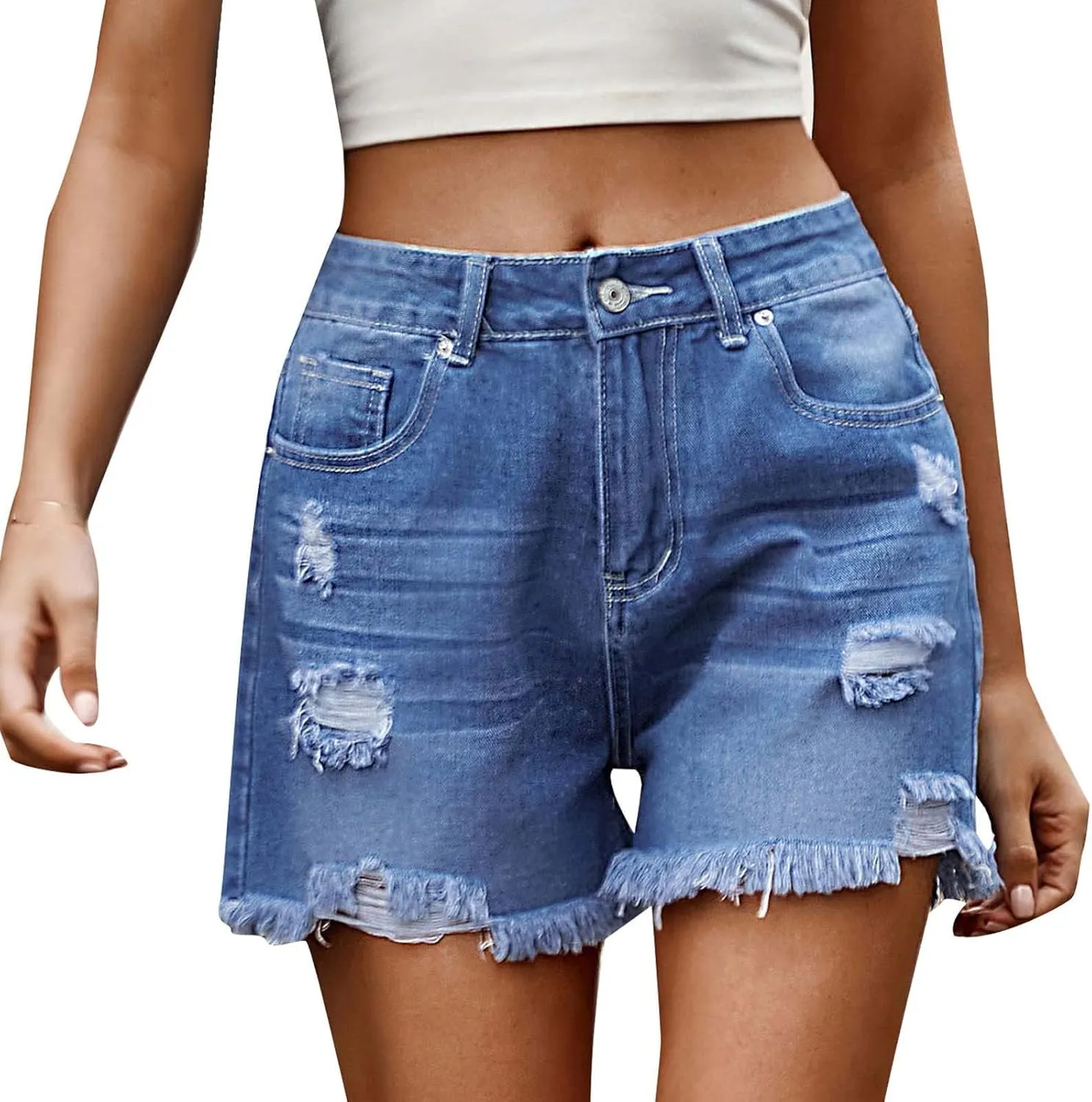Women's Fashion Casual Ripped Denim Shorts High Waisted Denim Shorts Stretchy Frayed Raw Rolled Hem Jean Shorts