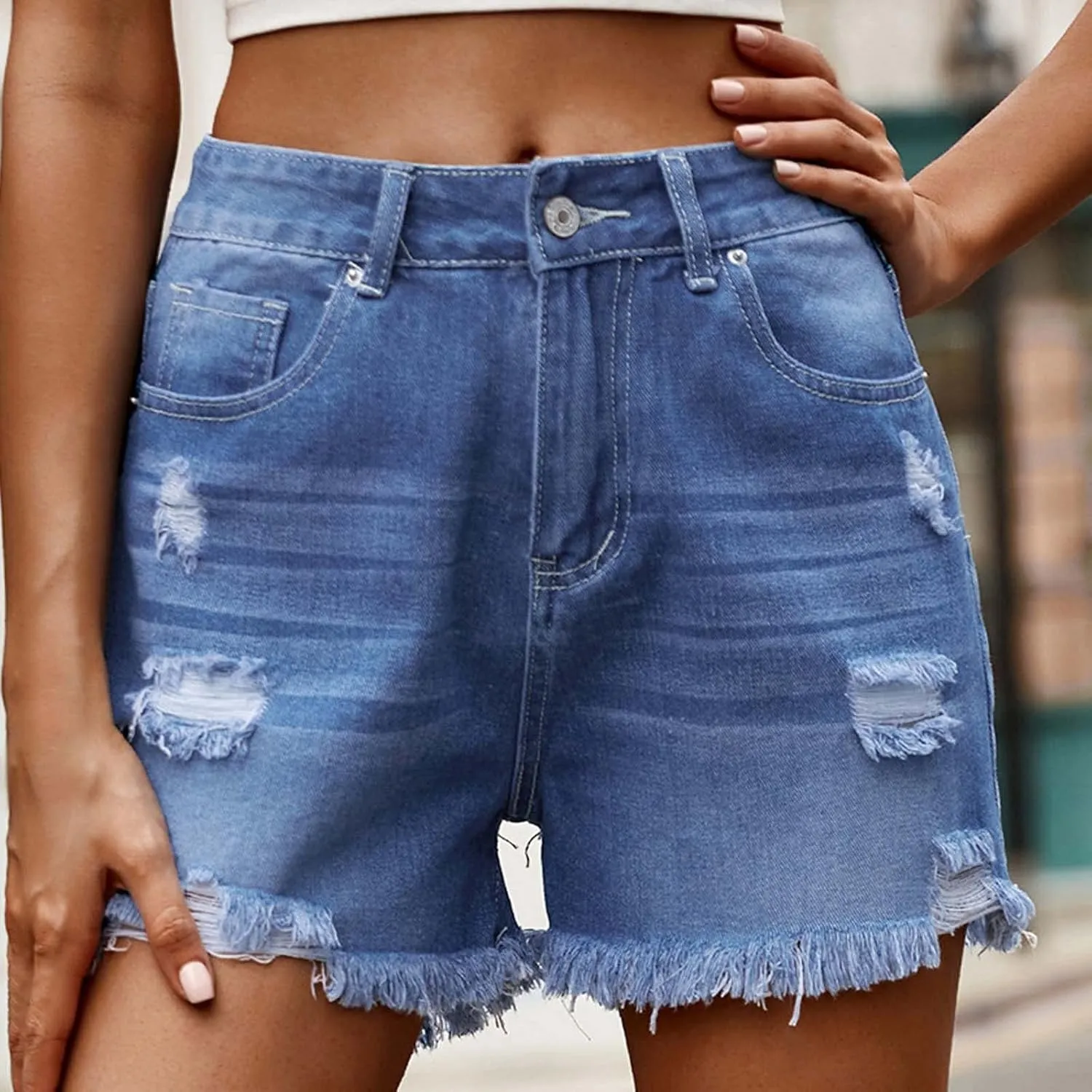 Women's Fashion Casual Ripped Denim Shorts High Waisted Denim Shorts Stretchy Frayed Raw Rolled Hem Jean Shorts