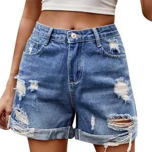 Women's Fashion Casual Ripped Denim Shorts High Waisted Denim Shorts Stretchy Frayed Raw Rolled Hem Jean Shorts