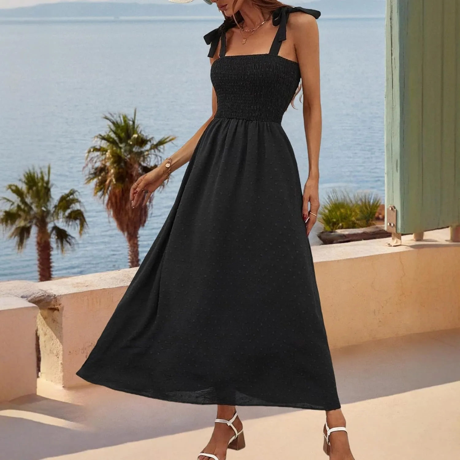 Womens Floral Dresses Summer Sexy Adjustable Spaghetti Strap Off Shoulder Dress Trendy Flowy Tunic Beach Sundress