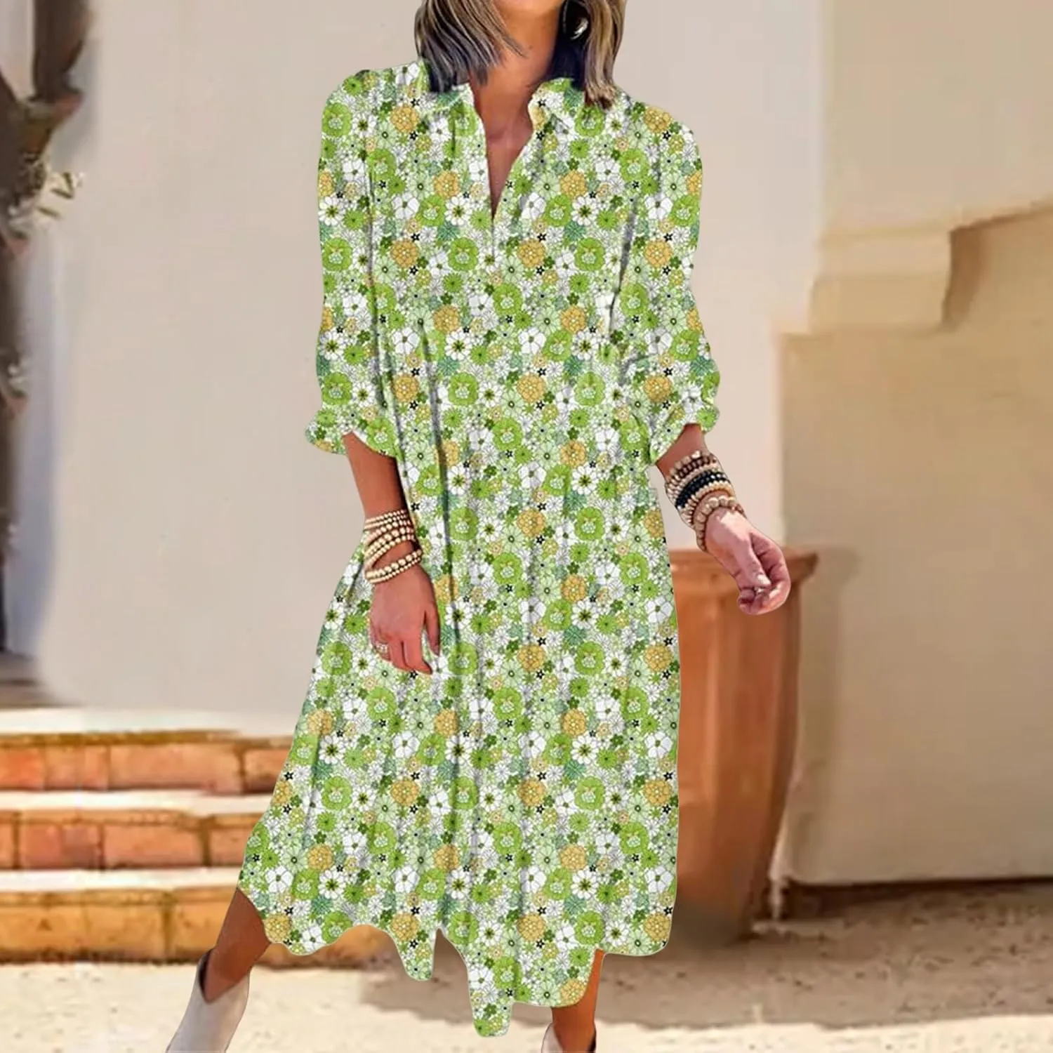 Women's Floral Maxi Dress Summer Boho V Neck Half Sleeve Ruffle Dresses A Line Flowy Beach Party Midi Dresses
