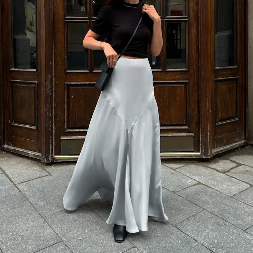 Women's Gray Satin High-Slit Midi Skirt