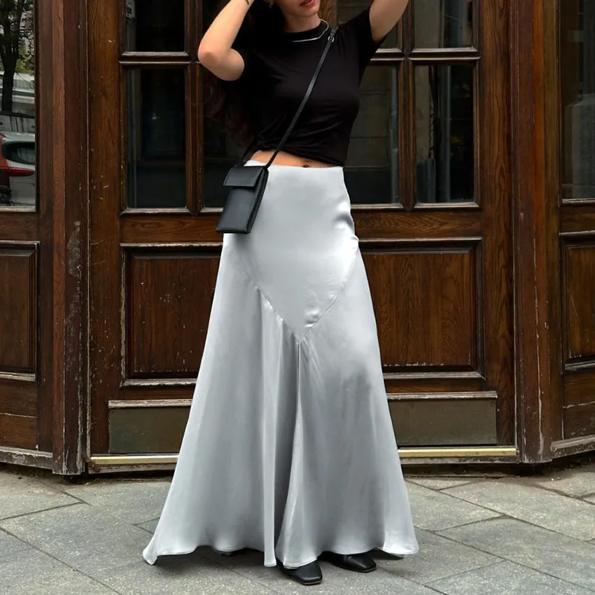 Women's Gray Satin High-Slit Midi Skirt