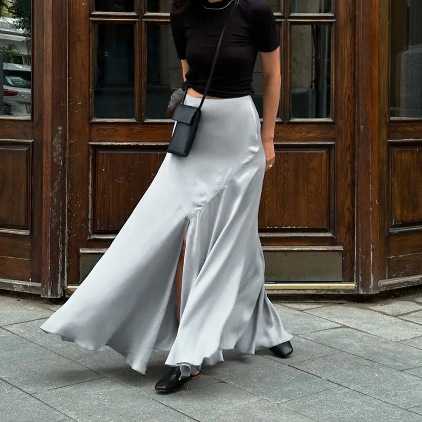 Women's Gray Satin High-Slit Midi Skirt