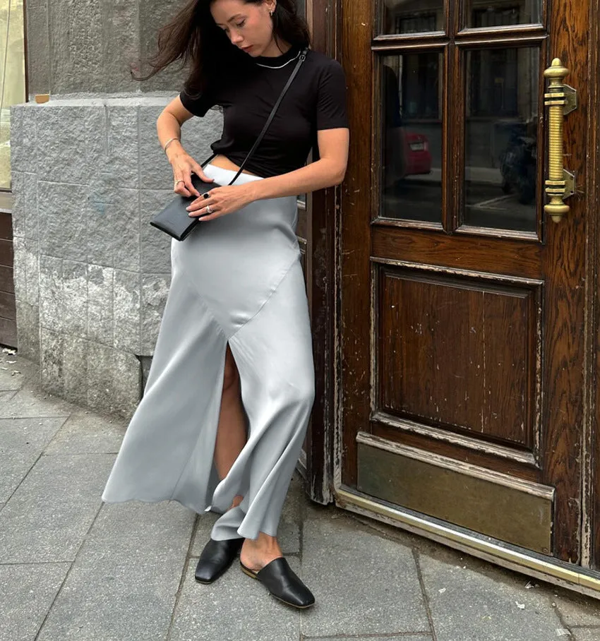 Women's Gray Satin High-Slit Midi Skirt