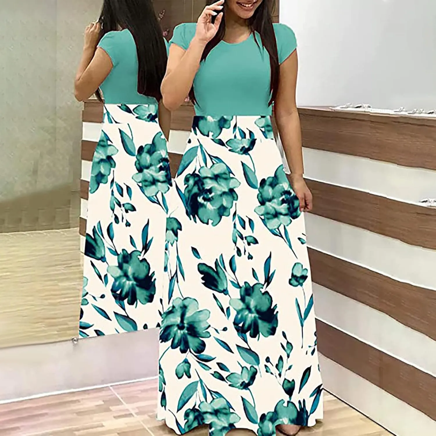Womens Hawaiian Shirt Maxi Long Dresses Floral Dresses for Women Short Sleeve Crew Neck Beach Dresses 2024