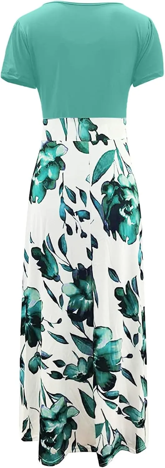 Womens Hawaiian Shirt Maxi Long Dresses Floral Dresses for Women Short Sleeve Crew Neck Beach Dresses 2024