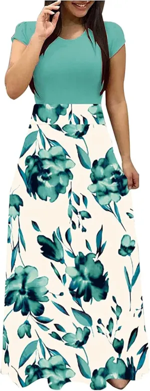 Womens Hawaiian Shirt Maxi Long Dresses Floral Dresses for Women Short Sleeve Crew Neck Beach Dresses 2024