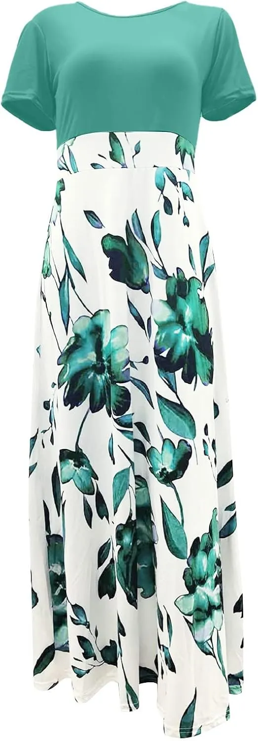Womens Hawaiian Shirt Maxi Long Dresses Floral Dresses for Women Short Sleeve Crew Neck Beach Dresses 2024