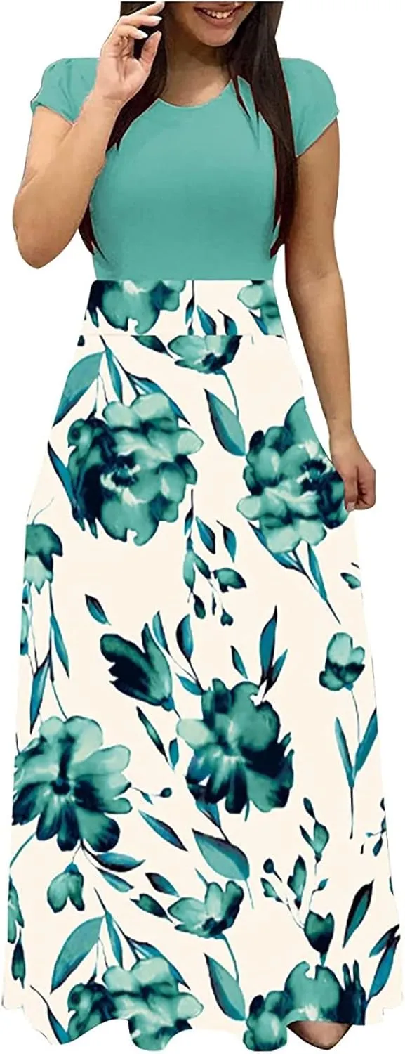 Womens Hawaiian Shirt Maxi Long Dresses Floral Dresses for Women Short Sleeve Crew Neck Beach Dresses 2024