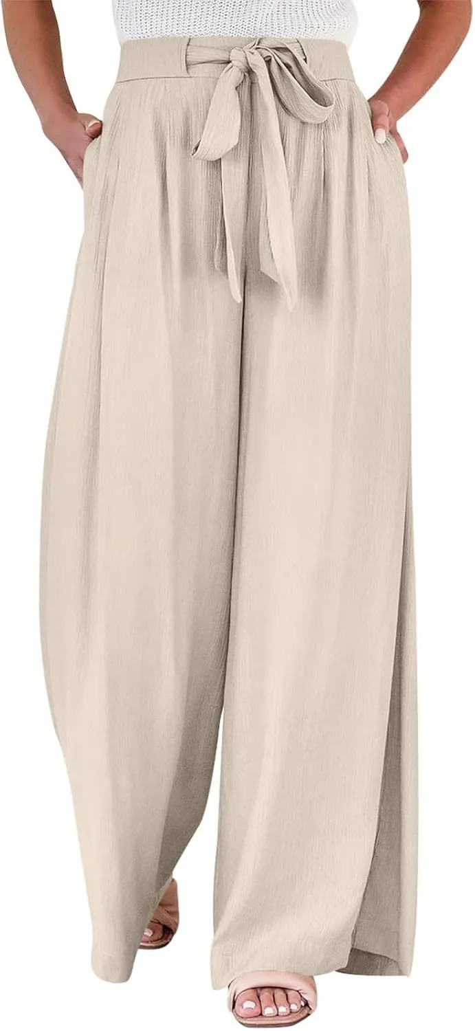 Women's High Waist Adjustable Tie Knot Flowing Wide Leg Dressy Casual Loose Fit Fashion Pants
