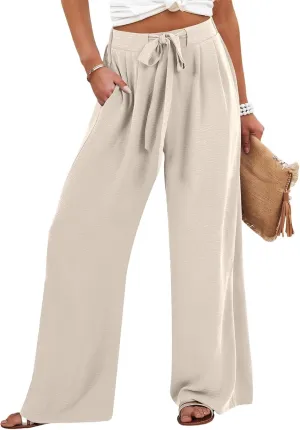 Women's High Waist Adjustable Tie Knot Flowing Wide Leg Dressy Casual Loose Fit Fashion Pants