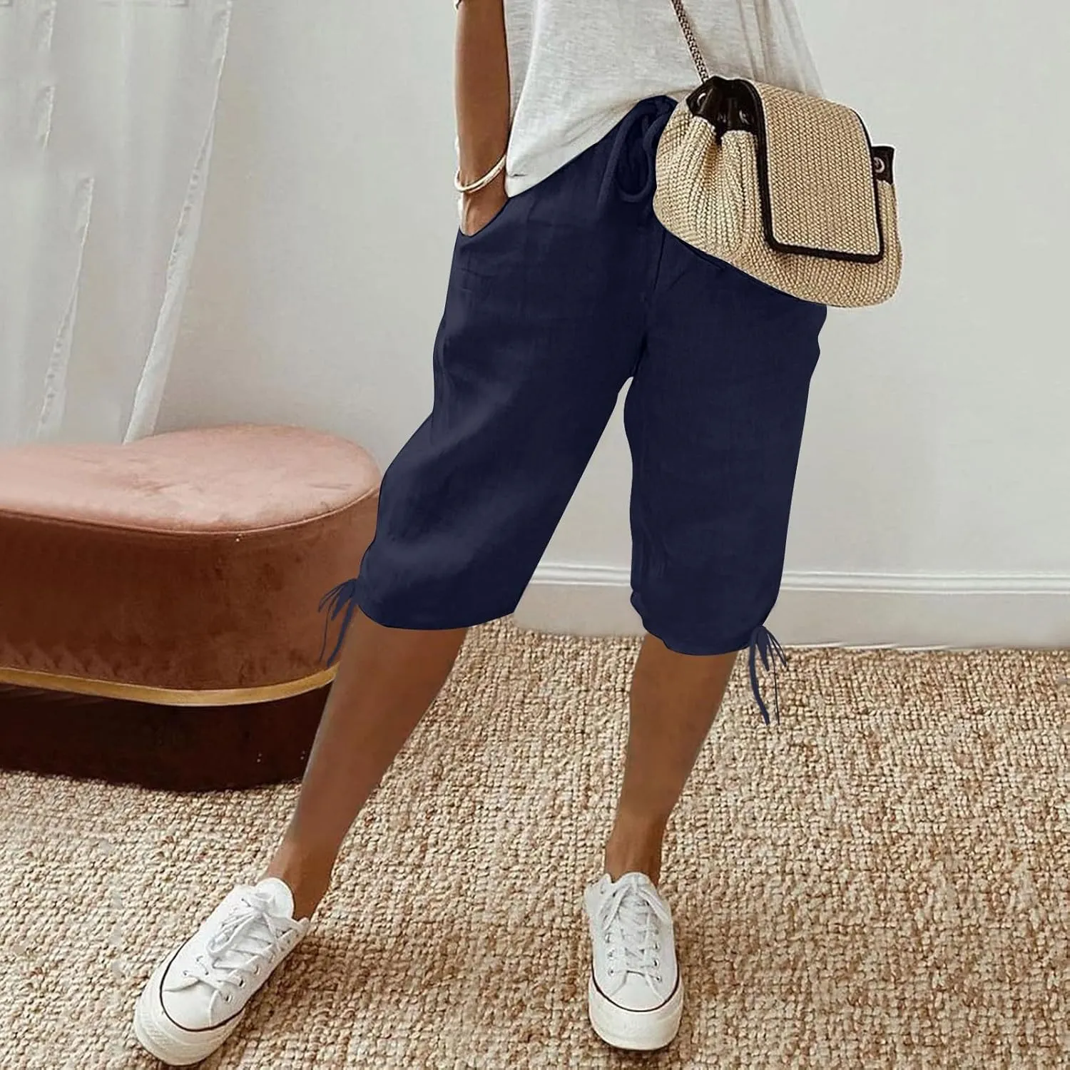 Women's High Waist Shorts Women's Elastic Waist Casual Comfy Cotton Beach Shorts Drawstring Elastic Waist Short