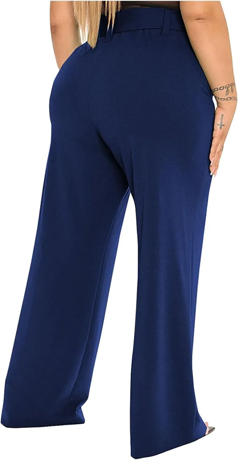 Women's High Waist Wide Leg Pants Casual Dressy Drawstring Palazzo Pant Relaxed Solid Straight Trousers with Pockets