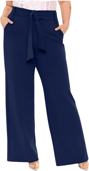 Women's High Waist Wide Leg Pants Casual Dressy Drawstring Palazzo Pant Relaxed Solid Straight Trousers with Pockets