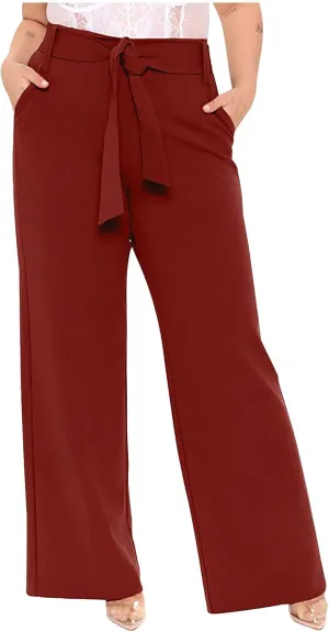 Women's High Waist Wide Leg Pants Casual Dressy Drawstring Palazzo Pant Relaxed Solid Straight Trousers with Pockets