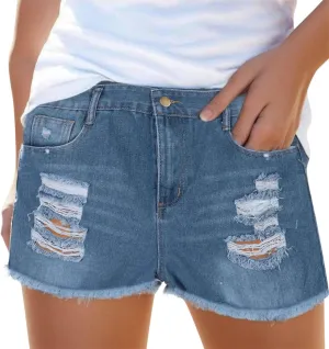 Women's High Waisted Denim Shorts Straight Leg Raw Hem Ripped Jean Shorts Trendy Retro Stretchy Denim Shorts Casual Shorts
